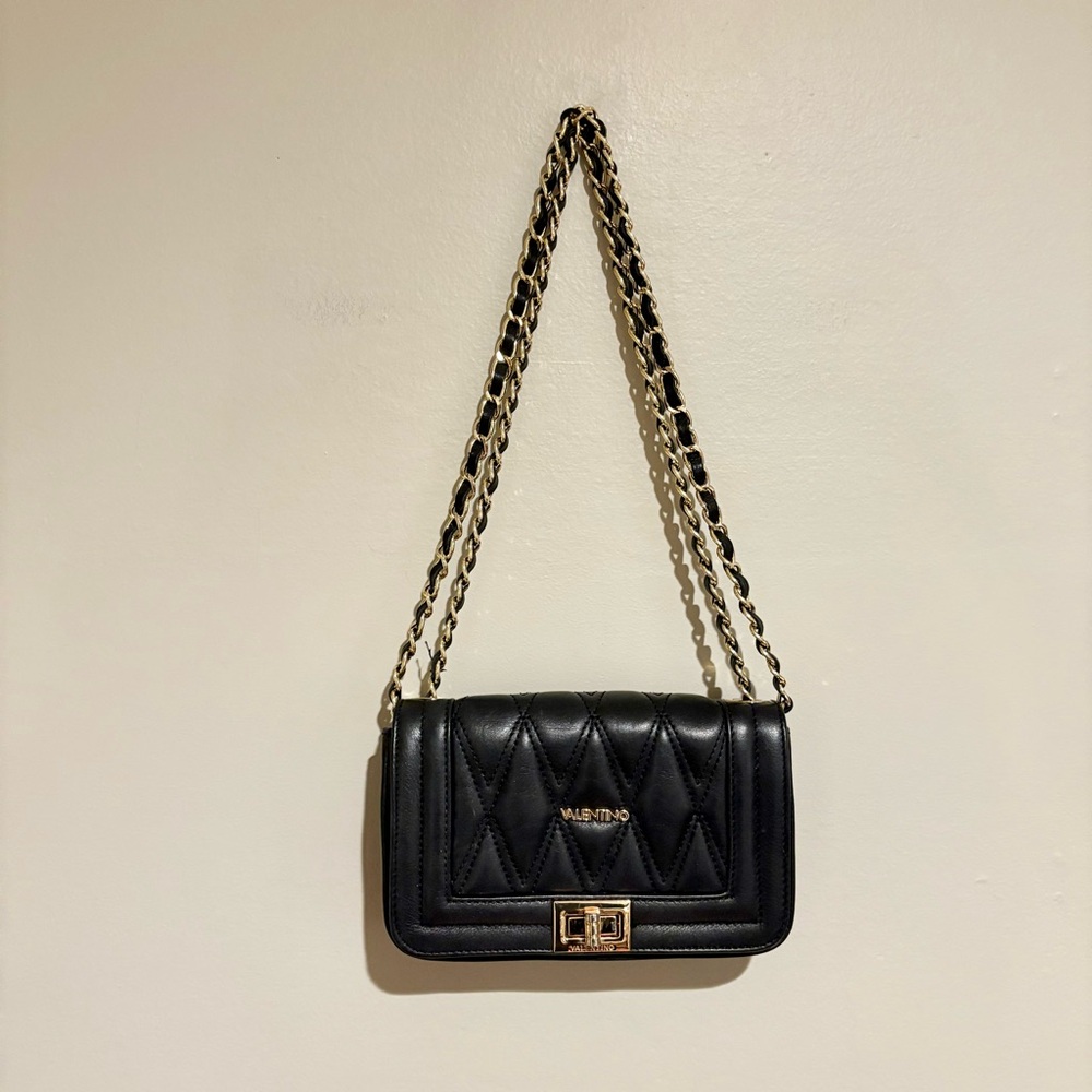 Valentino Black Quilted Crossbody Bag with Gold Chain